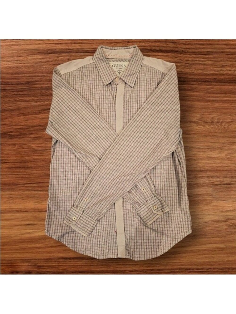 Guess Beige & Red Plaid Mens Button-Up Shirt Medium 100% Cotton Long Sleeve Clas